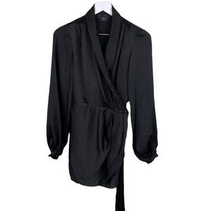 Vici Women's Black Satiny Long Sleeve V-neck Wrap Mini Dress Size Small